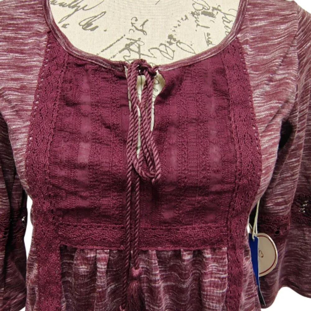 Womens Burgundy Embroidered Peasant Top‎ M Crochet 3/4 Flare Sleeve Boho Fall